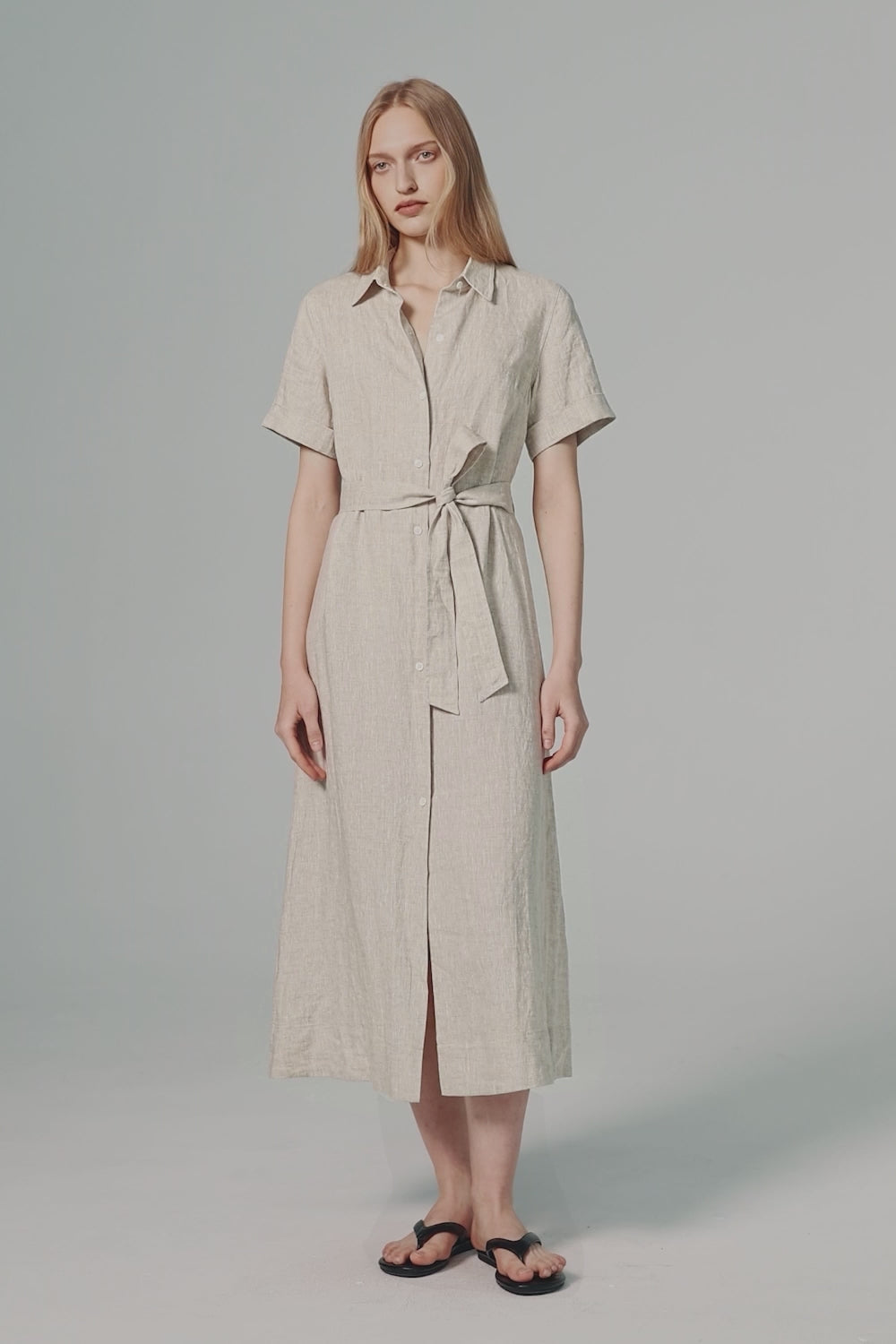 Classic Linen Maxi Dress Orolay #color_Natural Ecru,white,Dark night navy